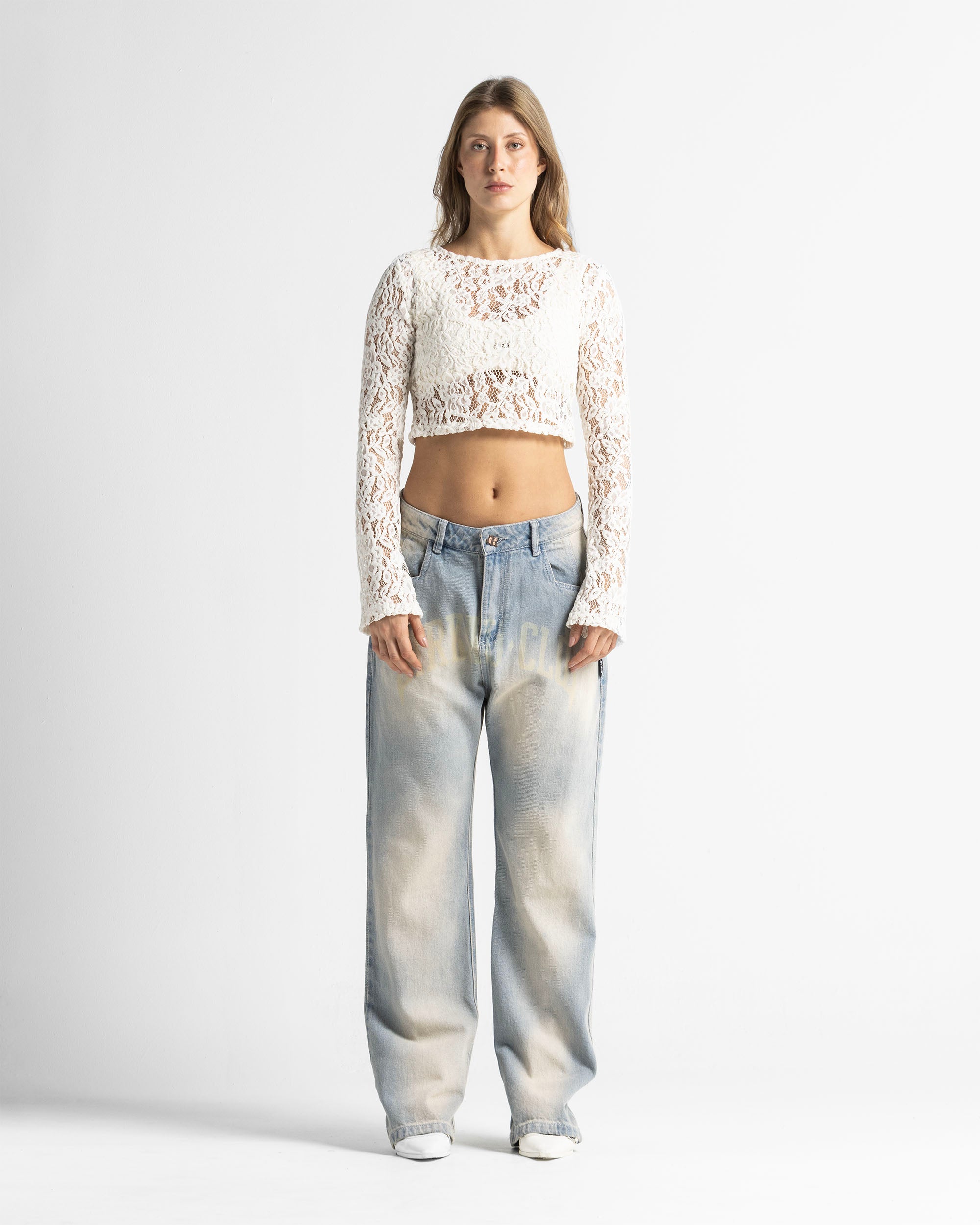 Lace Crop Sweater - Beige