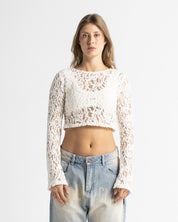 Lace Crop Sweater - Beige