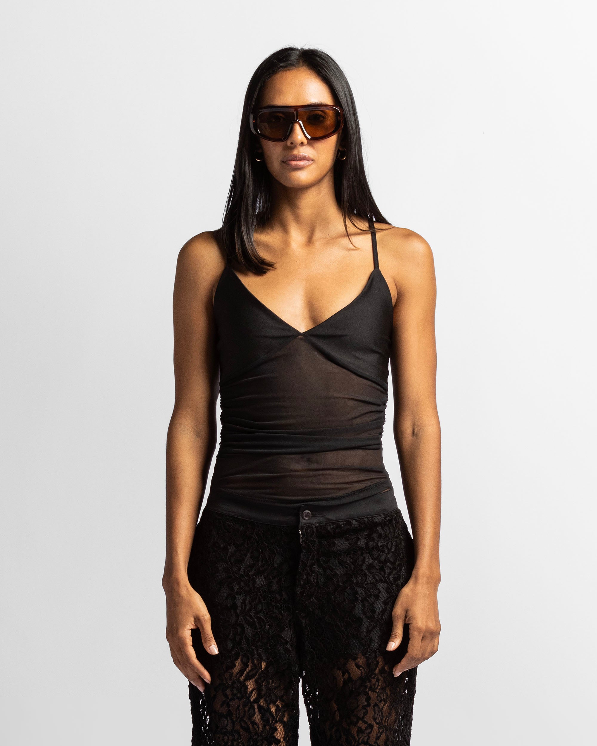 Top Negro En Mesh Drapeado