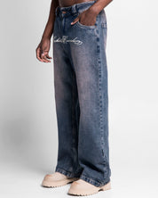 Jean Azul Oscuro Estampado Blanco