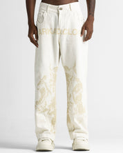 Cream Denim Pant Suede Print