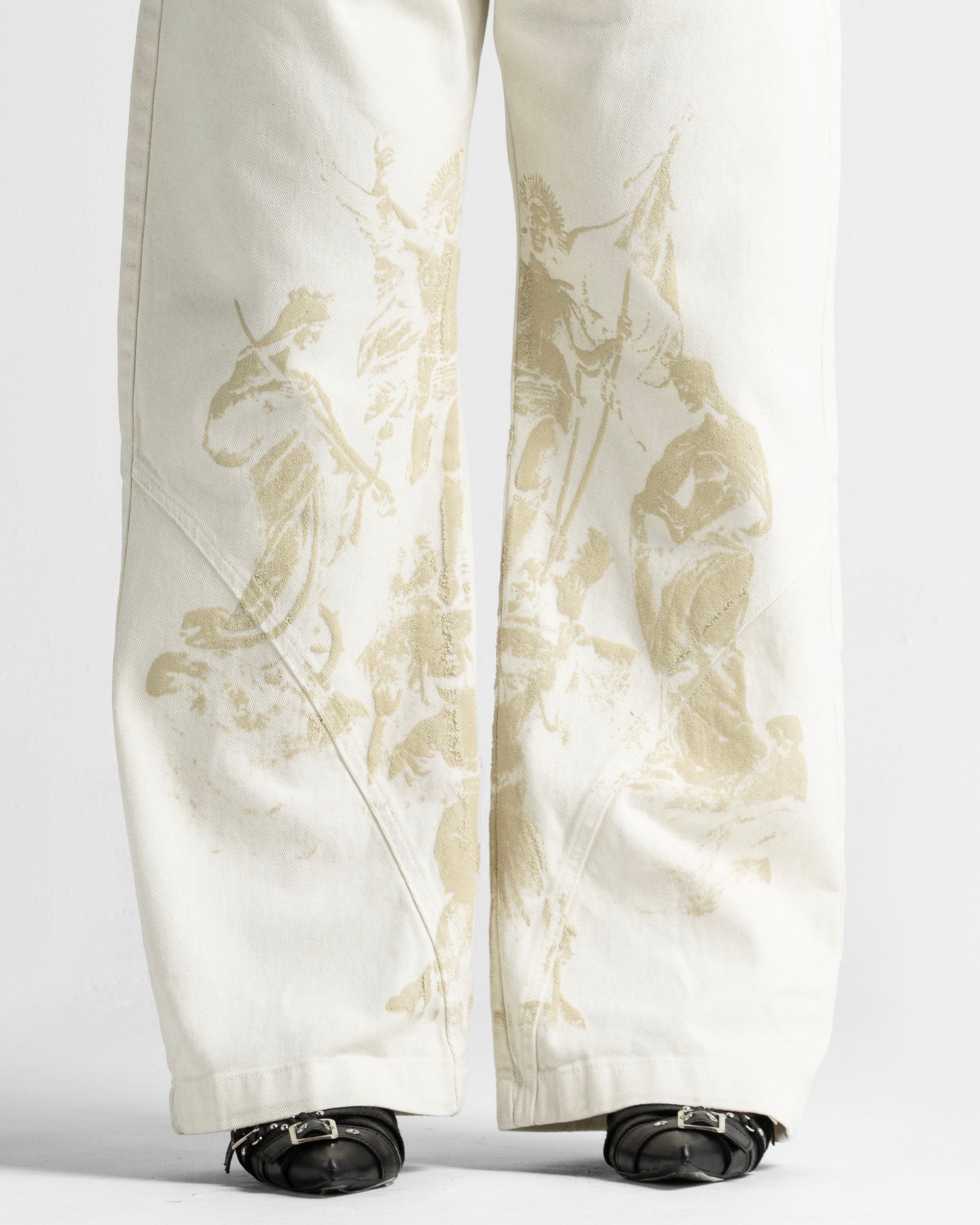 Cream Denim Pant Suede Print - Unisex