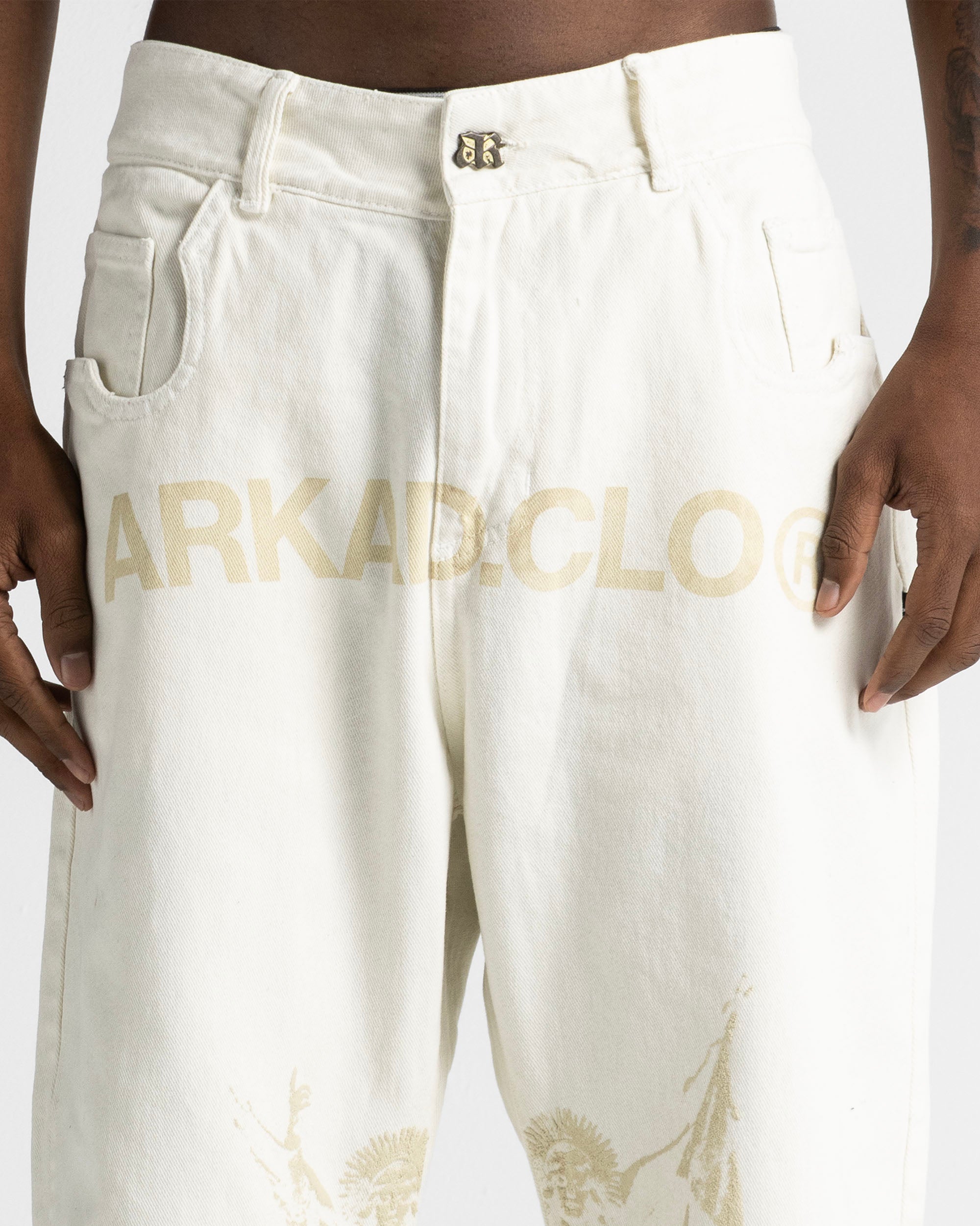Cream Denim Pant Suede Print