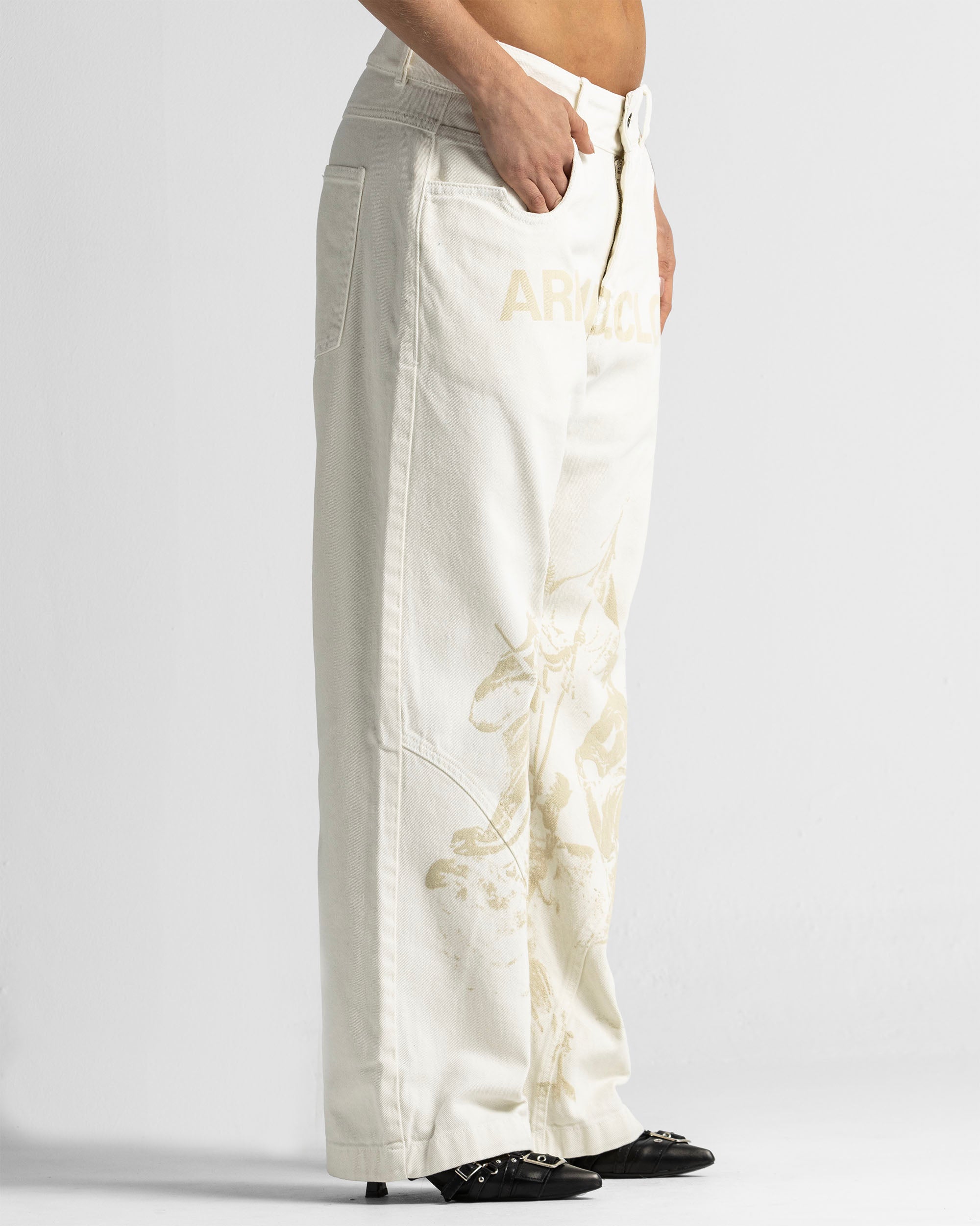 Cream Denim Pant Suede Print - Unisex