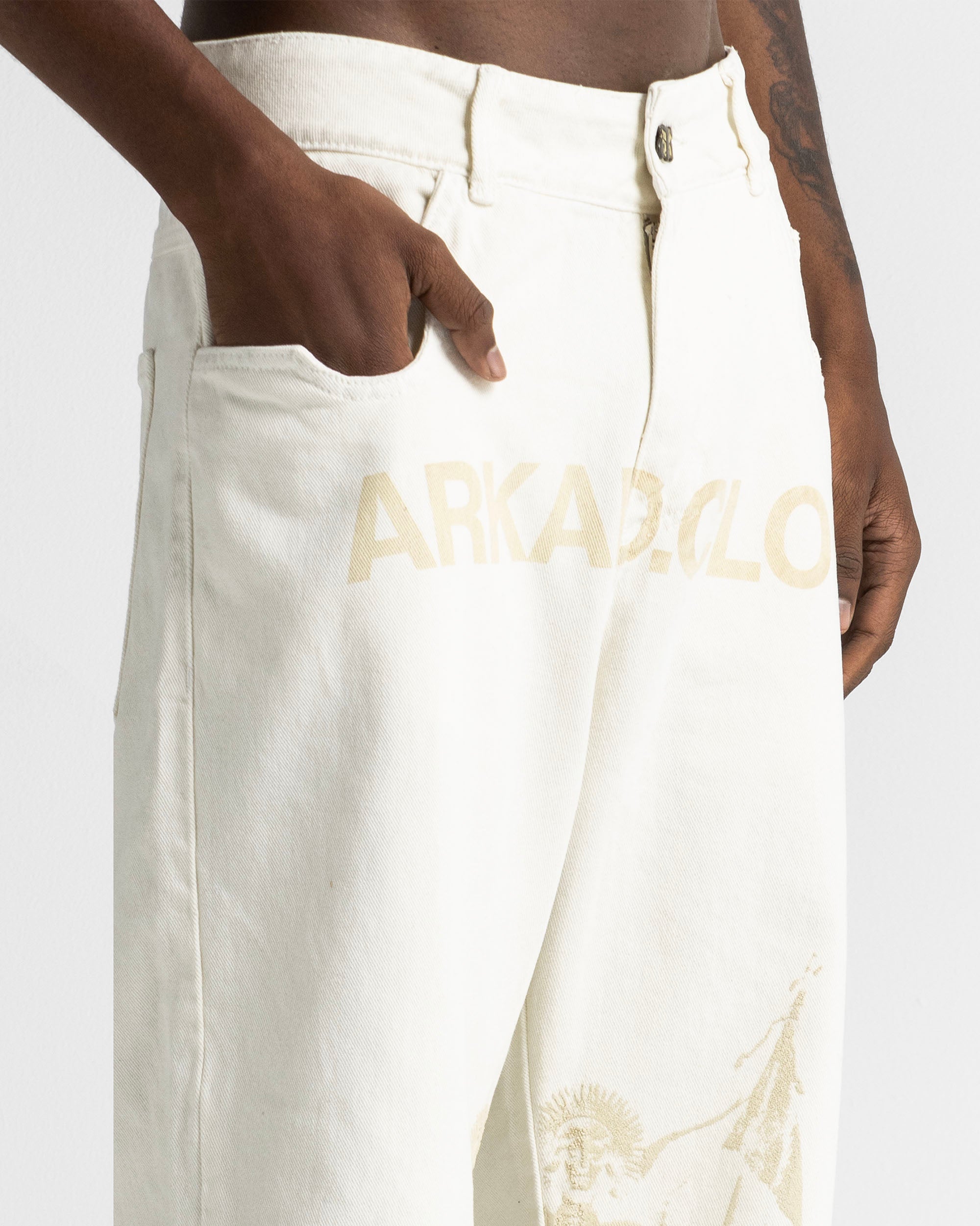Cream Denim Pant Suede Print