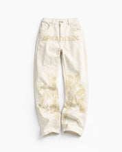 Cream Denim Pant Suede Print - Unisex